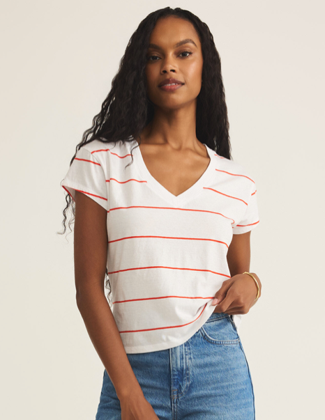 The Striped Modern V Neck Tee - Red