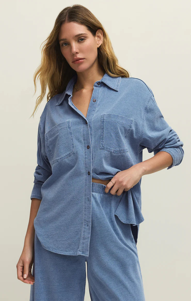 Reese Jersey Button Up - Santorini Indigo
